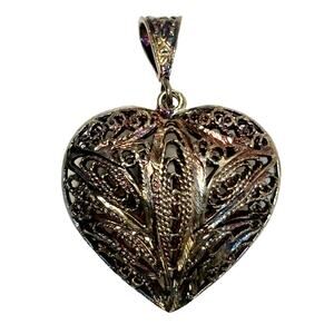 Ornate Vintage Filigree Puffed Silver tone Heart Pendant Diamond Cut Iridescent